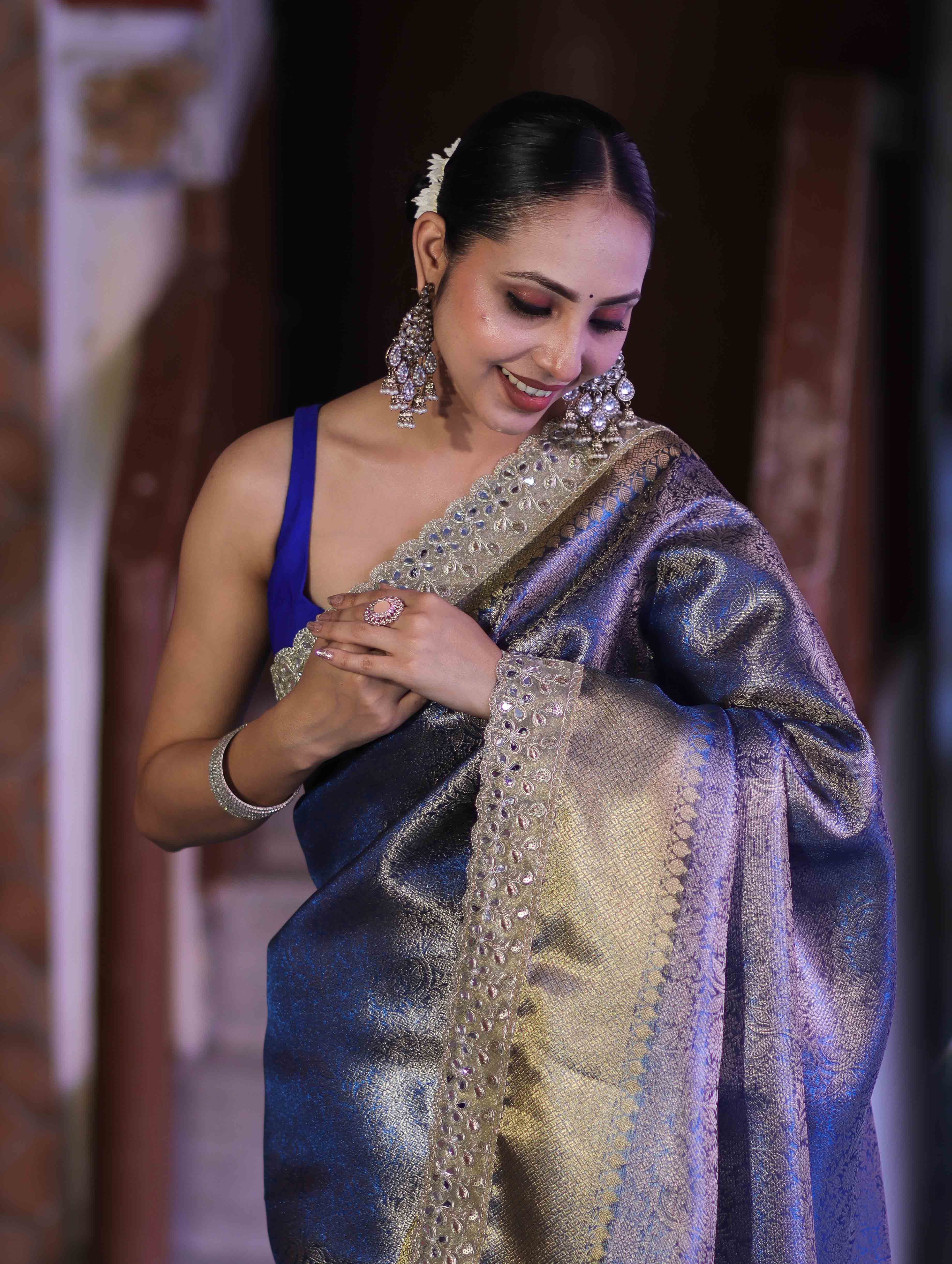 Banarasee Handloom Tissue Saree With Zari Woven Design & Contrast Lace Border-Blue