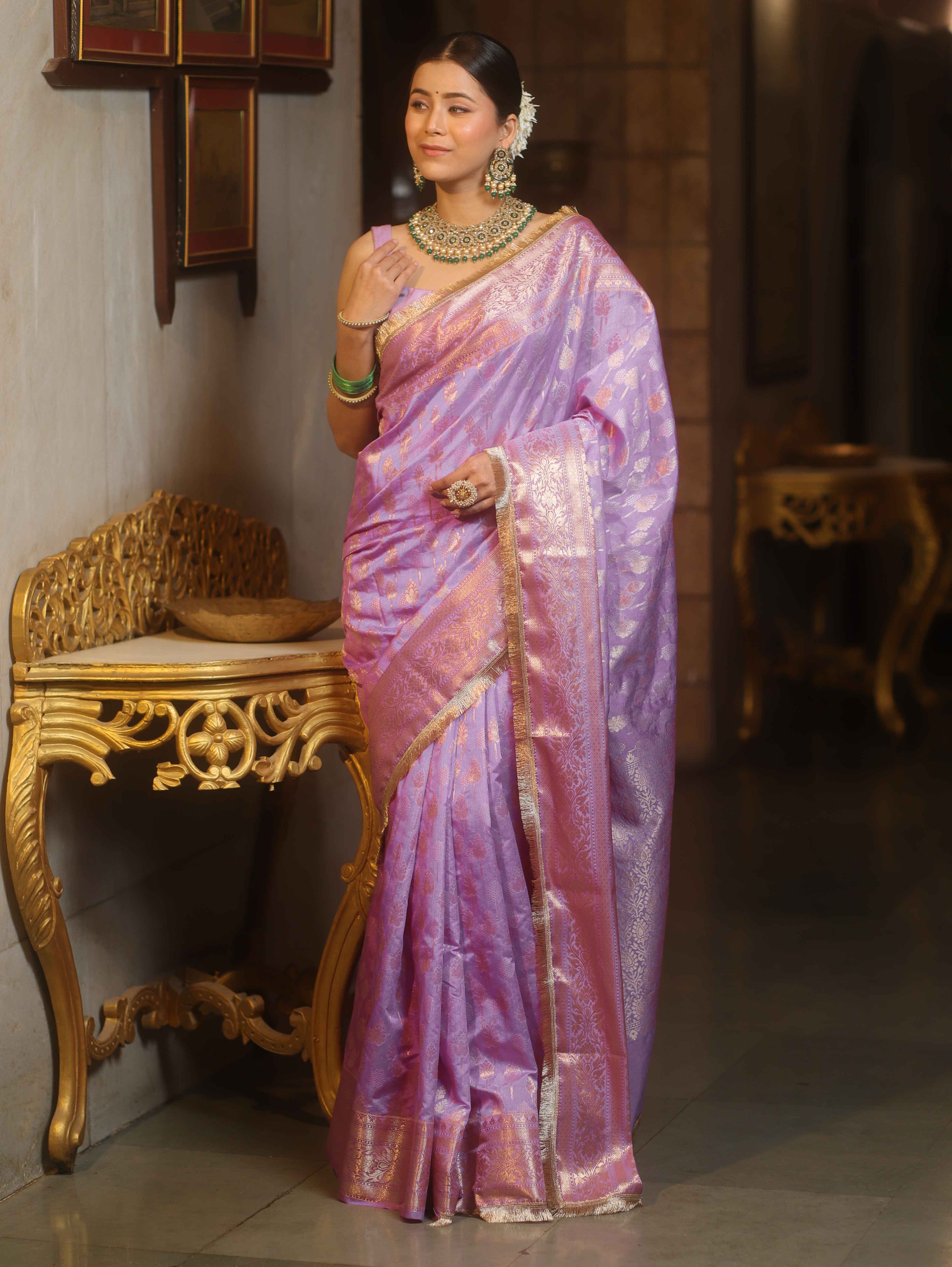 Banarasee Handwoven Semi Silk Saree With Gold Zari Border & Lace-Lavender