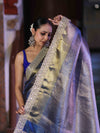 Banarasee Handloom Tissue Saree With Zari Woven Design & Contrast Lace Border-Blue