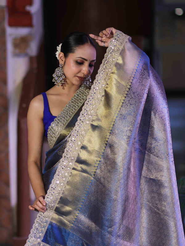 Banarasee Handloom Tissue Saree With Zari Woven Design & Contrast Lace Border-Blue