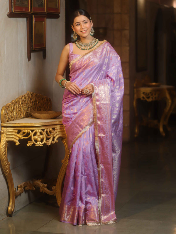 Banarasee Handwoven Semi Silk Saree With Gold Zari Border & Lace-Lavender