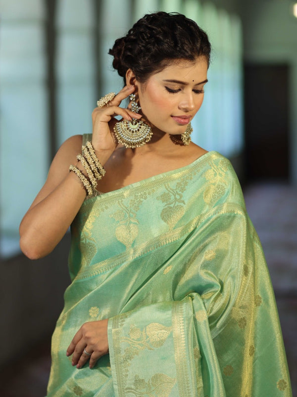 Banarasee Handwoven Soft Tissue Saree With Zari Border & Buti Design-Pastel Green