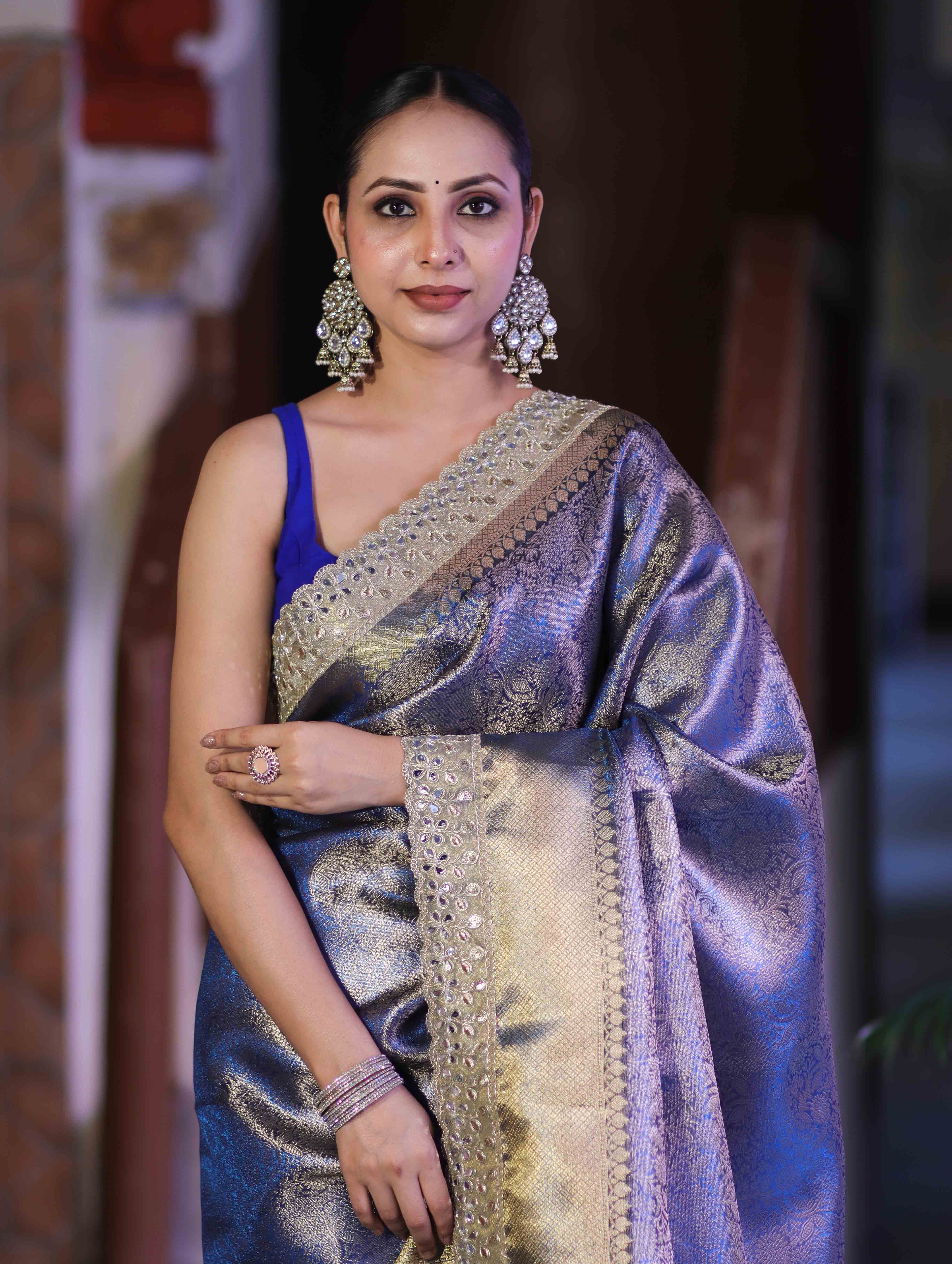 Banarasee Handloom Tissue Saree With Zari Woven Design & Contrast Lace Border-Blue