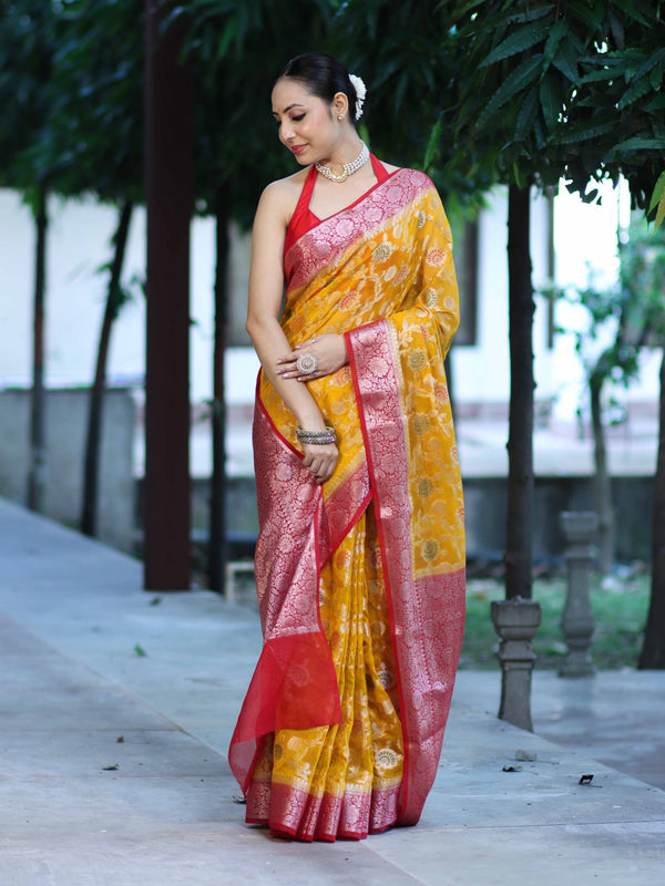Banarasee Handwoven Georgette Saree With Meena Jaal Work & Contrast Border-Yellow & Red