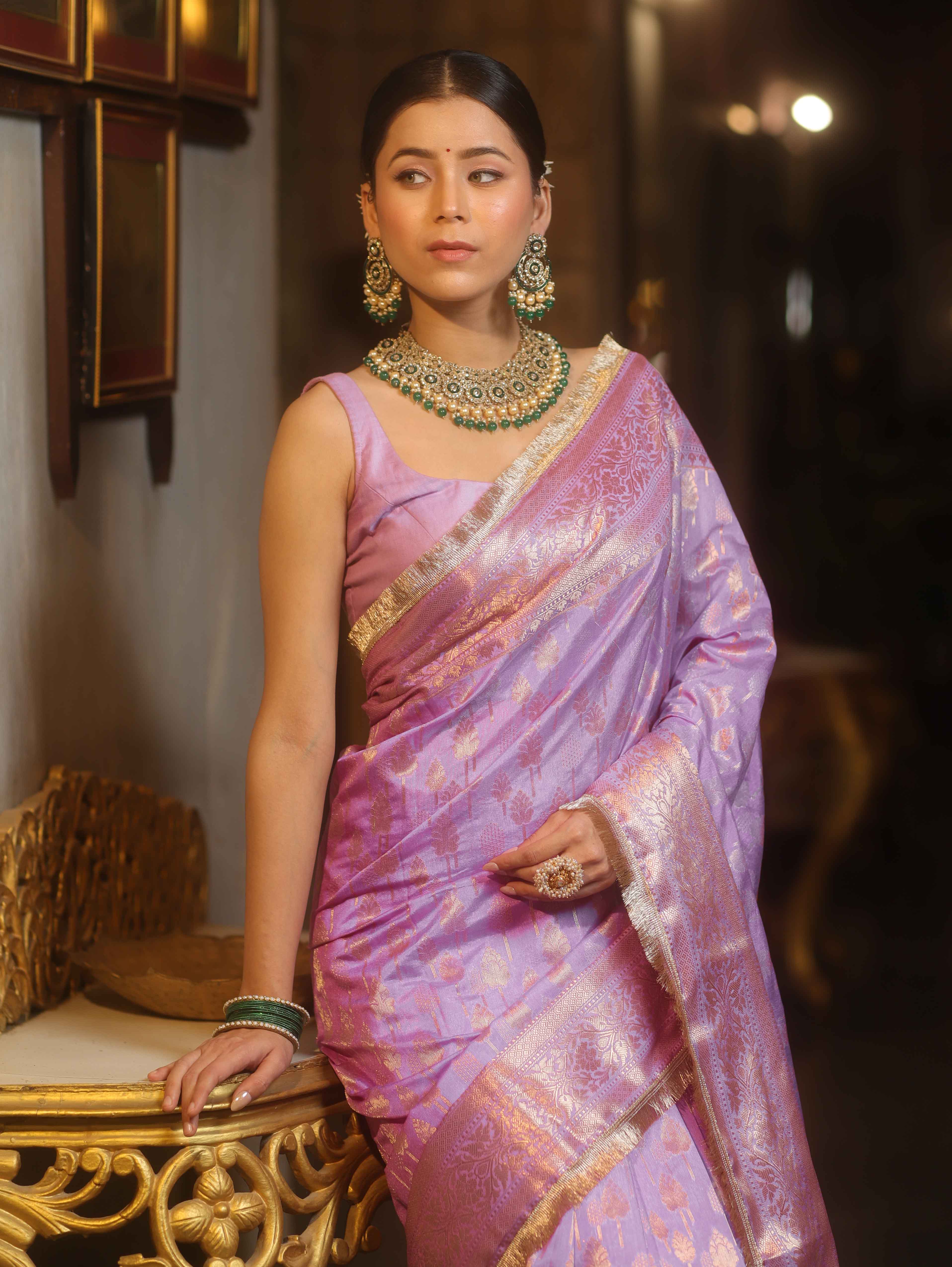 Banarasee Handwoven Semi Silk Saree With Gold Zari Border & Lace-Lavender