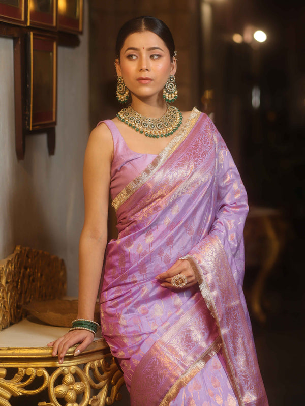 Banarasee Handwoven Semi Silk Saree With Gold Zari Border & Lace-Lavender