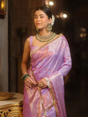 Banarasee Handwoven Semi Silk Saree With Gold Zari Border & Lace-Lavender