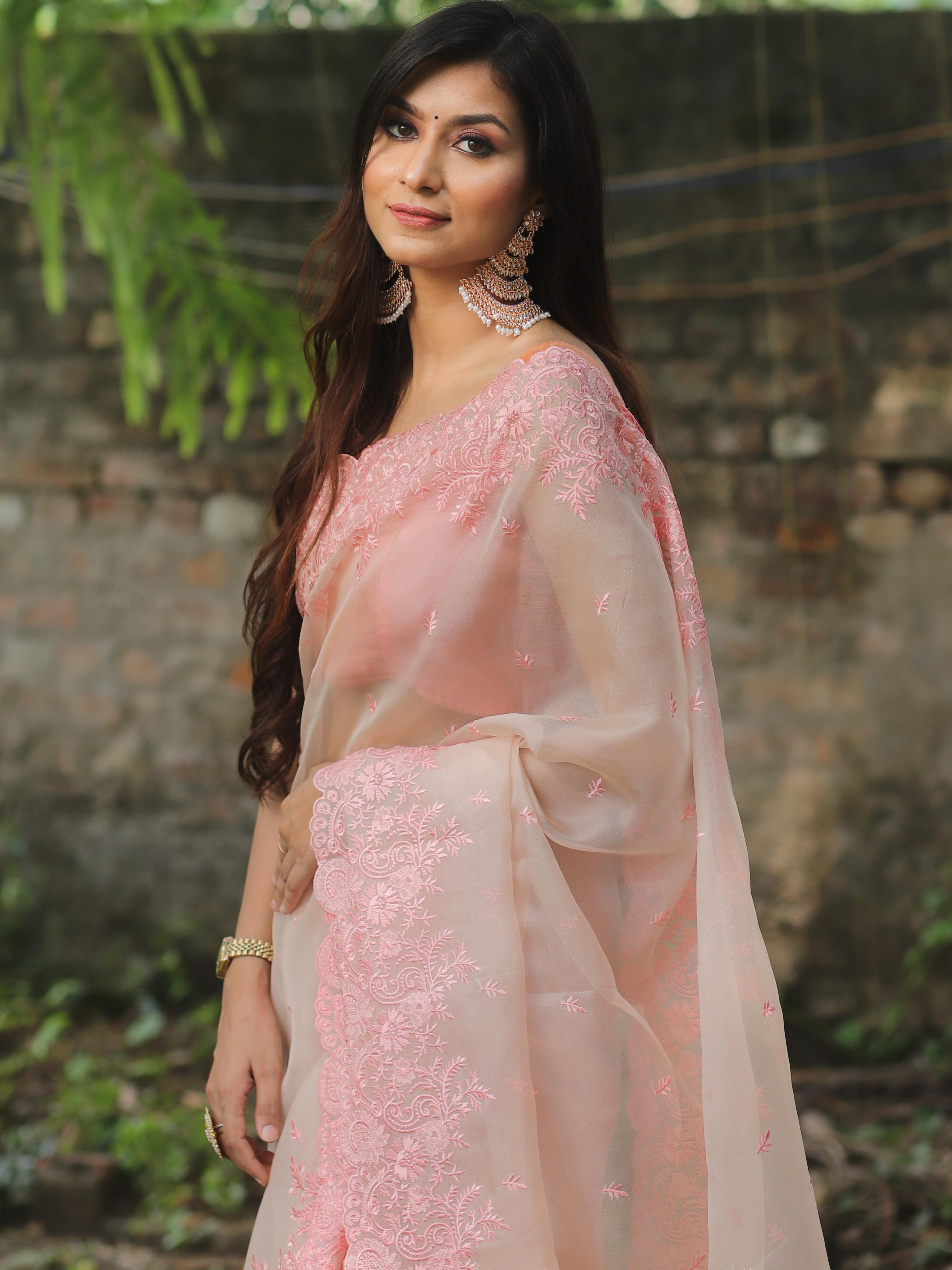 Banarasee Pure Organza Silk Saree With Floral Resham Embroidery-Peach