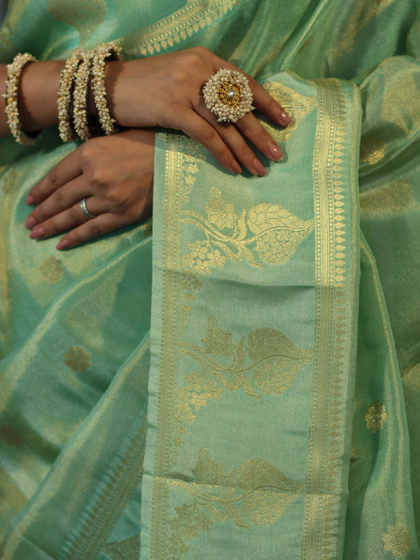 Banarasee Handwoven Soft Tissue Saree With Zari Border & Buti Design-Pastel Green