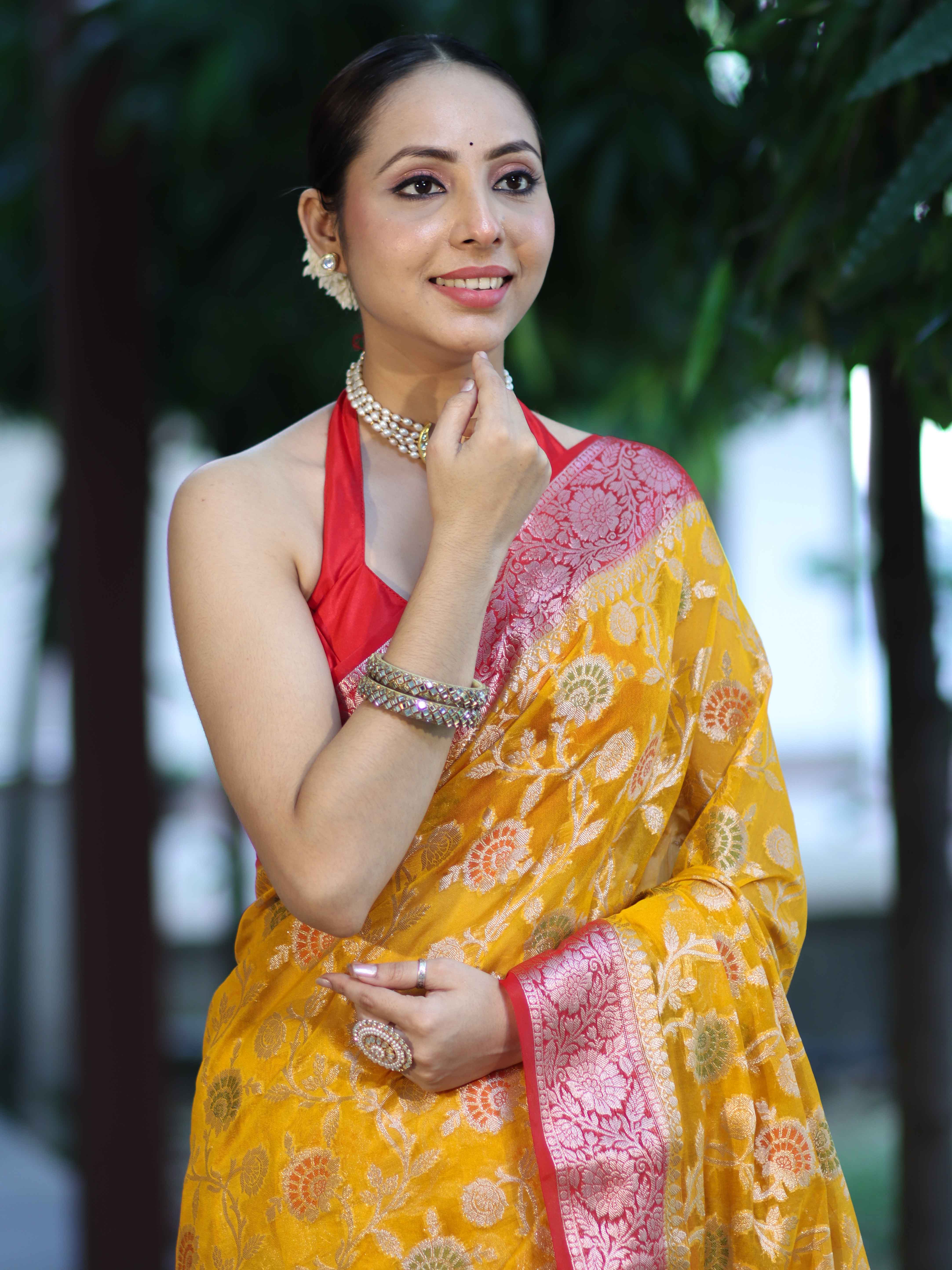 Banarasee Handwoven Georgette Saree With Meena Jaal Work & Contrast Border-Yellow & Red