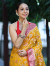 Banarasee Handwoven Georgette Saree With Meena Jaal Work & Contrast Border-Yellow & Red