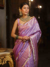 Banarasee Handwoven Semi Silk Saree With Gold Zari Border & Lace-Lavender