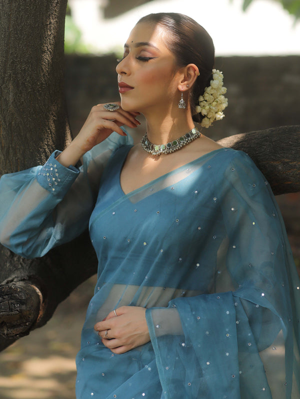 Banarasee Hand-Embroidered Mirror Work Organza Saree With Blouse-Teal Blue