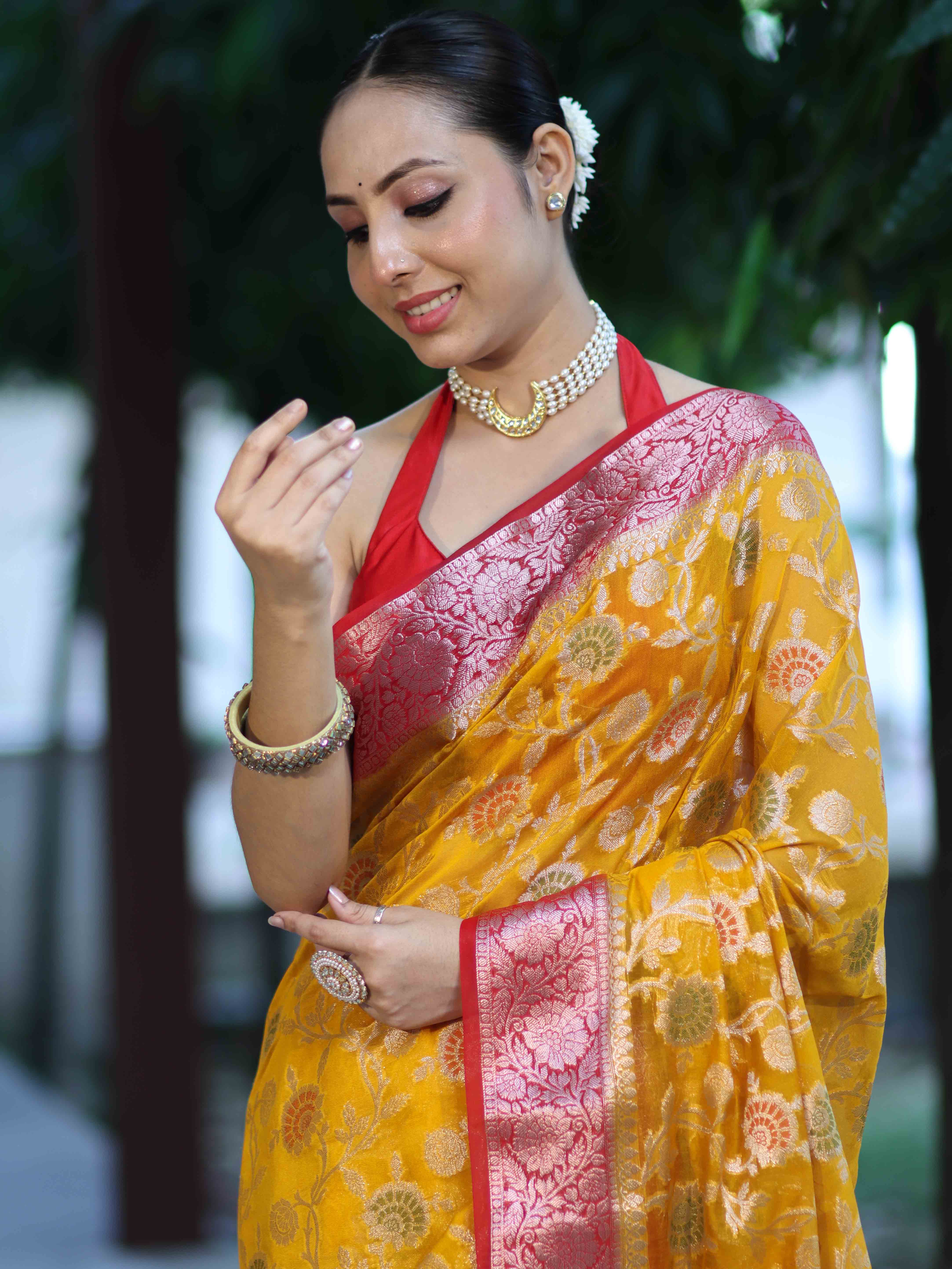 Banarasee Handwoven Georgette Saree With Meena Jaal Work & Contrast Border-Yellow & Red