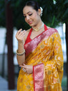 Banarasee Handwoven Georgette Saree With Meena Jaal Work & Contrast Border-Yellow & Red