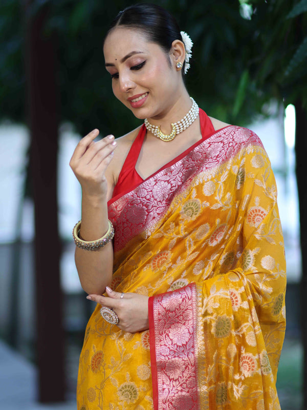 Banarasee Handwoven Georgette Saree With Meena Jaal Work & Contrast Border-Yellow & Red