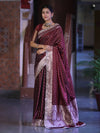Banarasee Handloom Mashru Silk Saree With Zari Buti Design & Lace Border-Burgundy