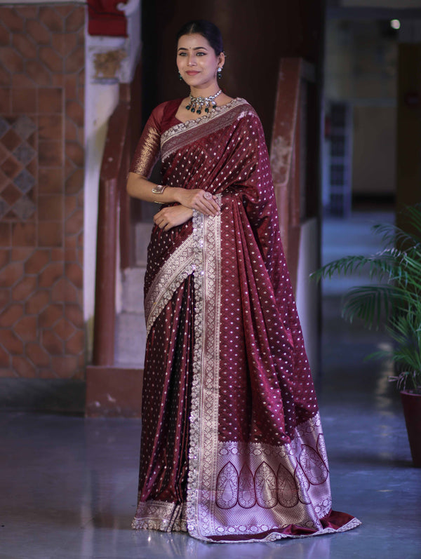 Banarasee Handloom Mashru Silk Saree With Zari Buti Design & Lace Border-Burgundy