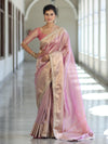 Banarasee Handwoven Plain Tissue Saree With Zari Border & Lace-Light Pink