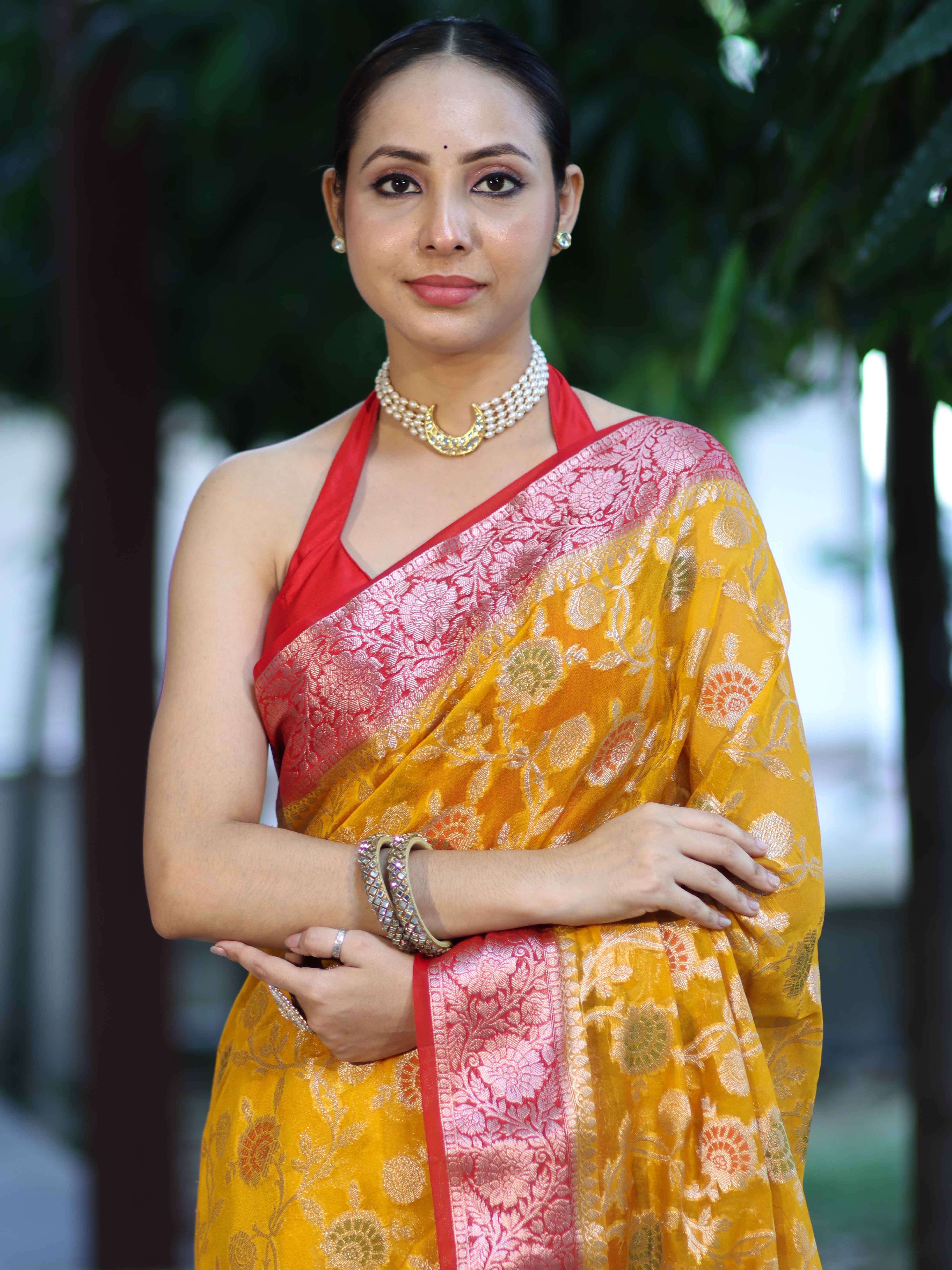 Banarasee Handwoven Georgette Saree With Meena Jaal Work & Contrast Border-Yellow & Red