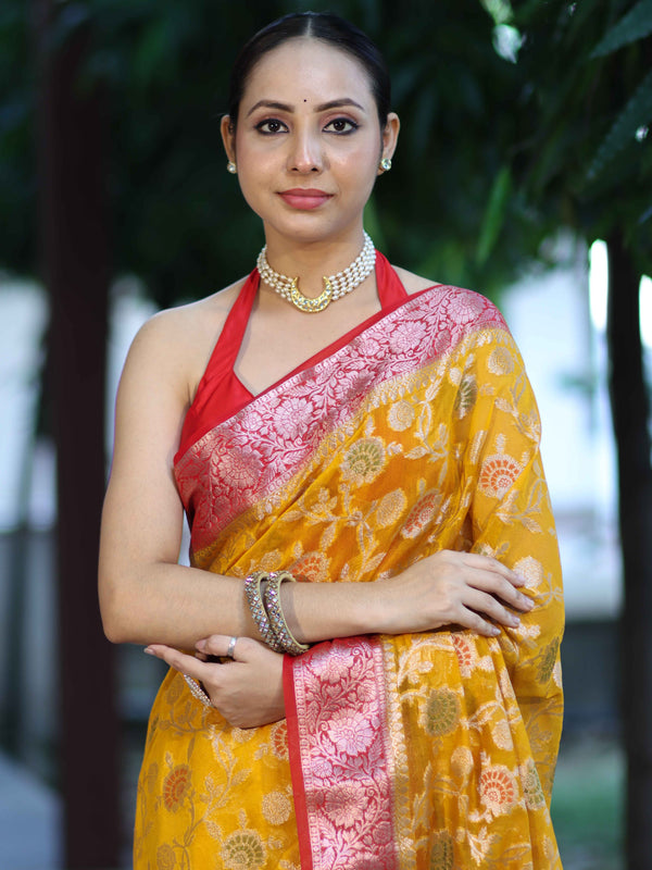 Banarasee Handwoven Georgette Saree With Meena Jaal Work & Contrast Border-Yellow & Red