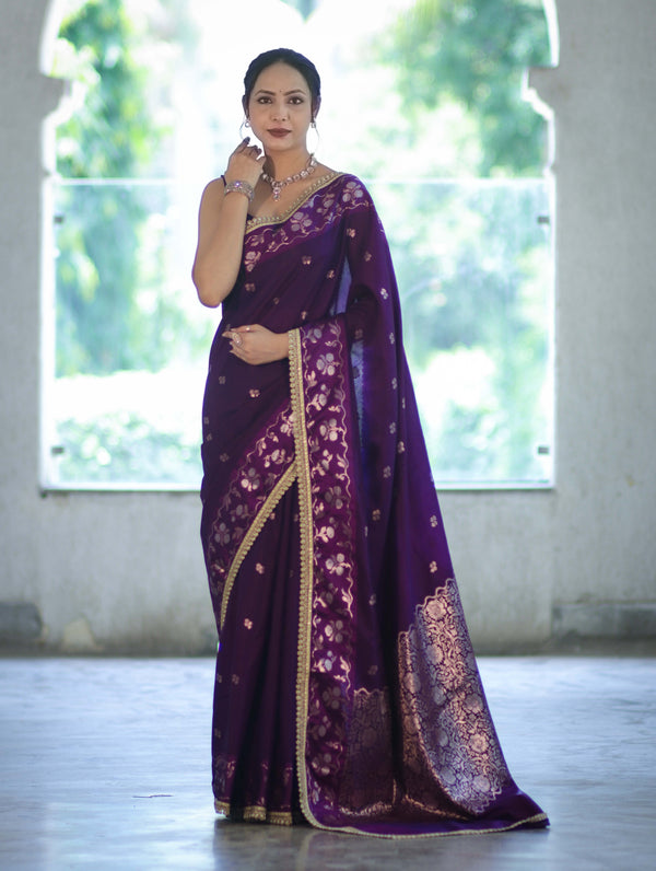 Banarasee Handloom Semi Silk Saree With Buti Design Zari Border & Lace-Violet