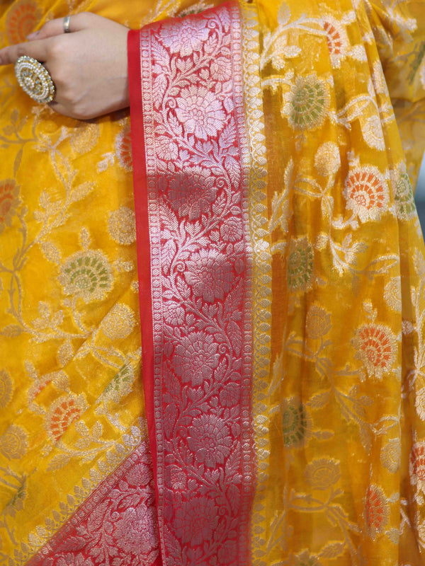 Banarasee Handwoven Georgette Saree With Meena Jaal Work & Contrast Border-Yellow & Red