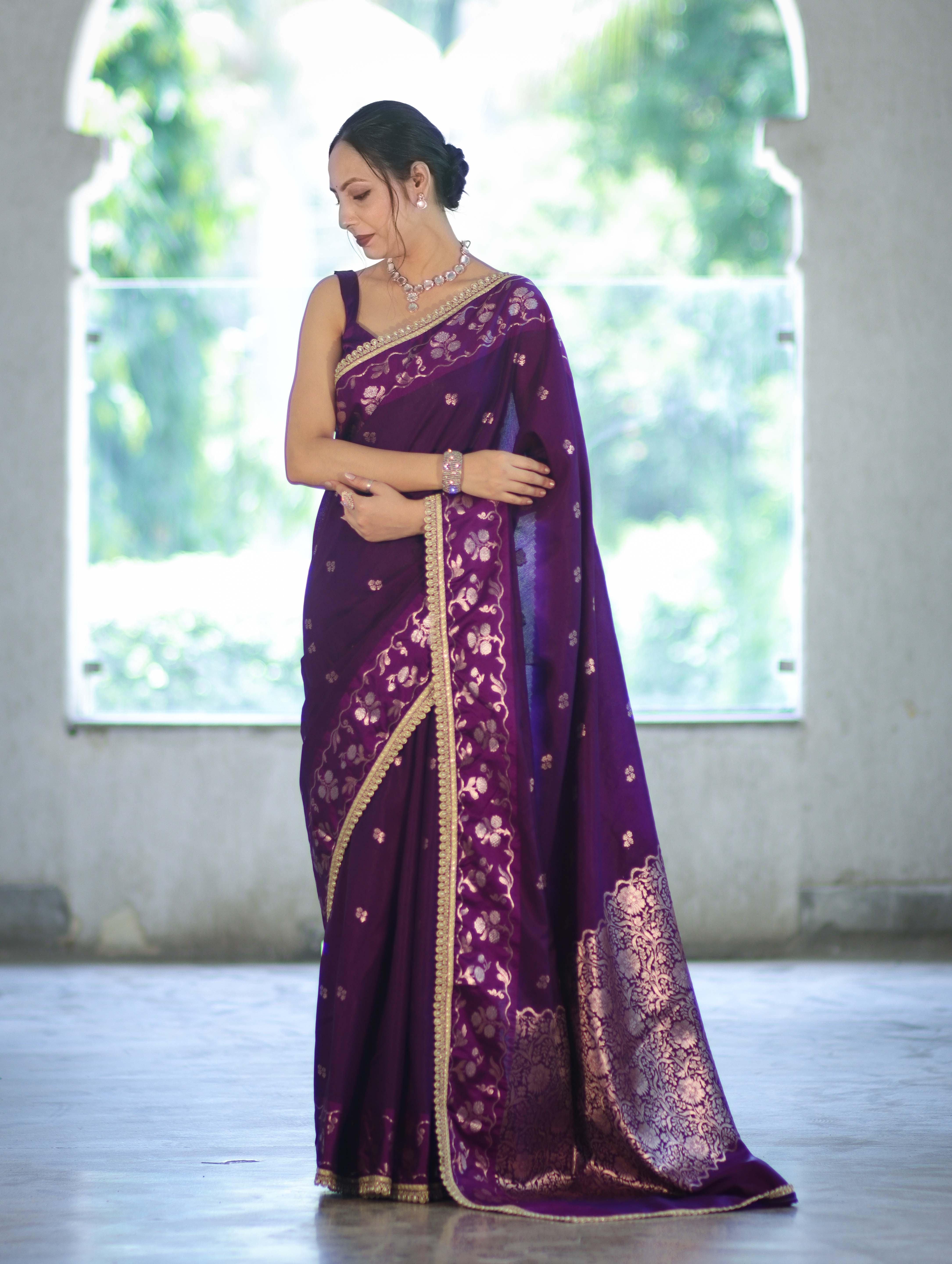 Banarasee Handloom Semi Silk Saree With Buti Design Zari Border & Lace-Violet