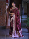 Banarasee Handloom Mashru Silk Saree With Zari Buti Design & Lace Border-Burgundy