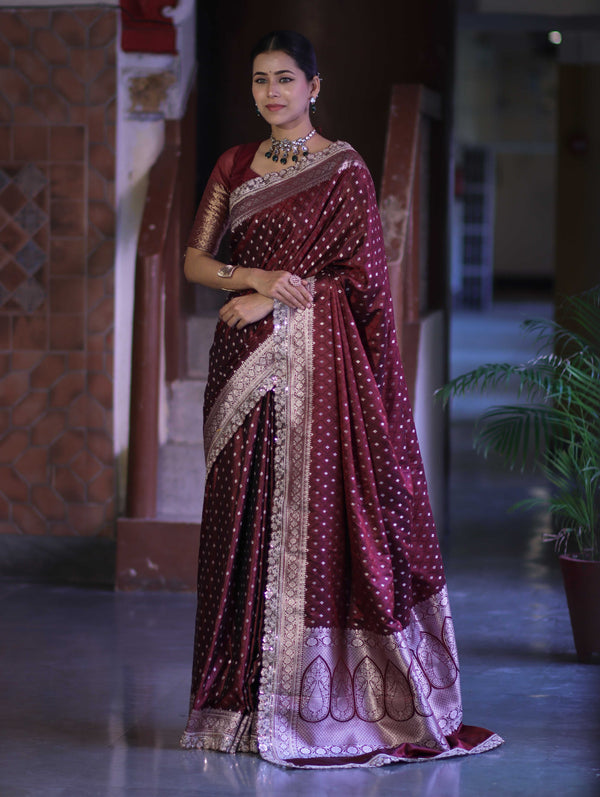Banarasee Handloom Mashru Silk Saree With Zari Buti Design & Lace Border-Burgundy