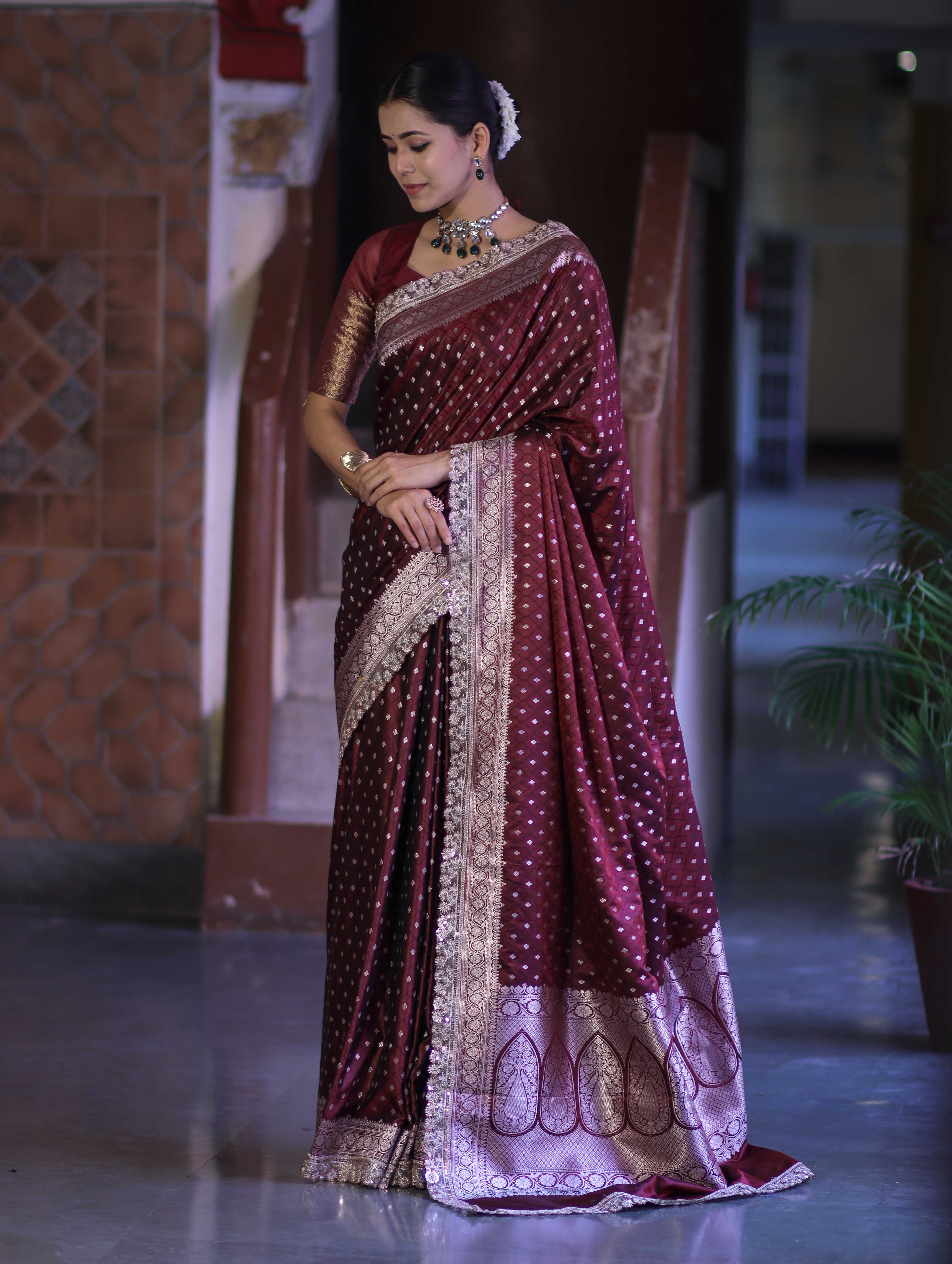 Banarasee Handloom Mashru Silk Saree With Zari Buti Design & Lace Border-Burgundy