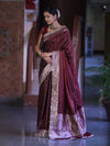 Banarasee Handloom Mashru Silk Saree With Zari Buti Design & Lace Border-Burgundy