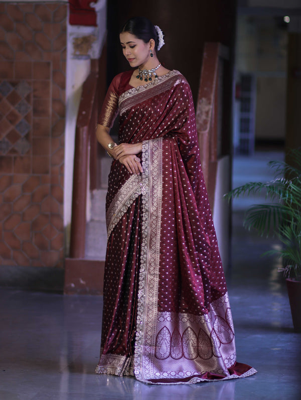 Banarasee Handloom Mashru Silk Saree With Zari Buti Design & Lace Border-Burgundy