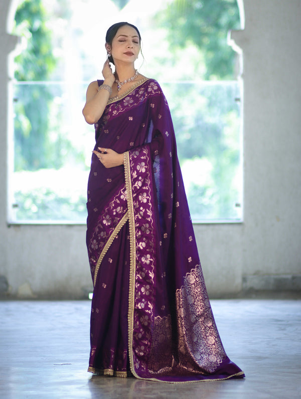 Banarasee Handloom Semi Silk Saree With Buti Design Zari Border & Lace-Violet