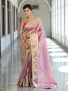 Banarasee Handwoven Plain Tissue Saree With Zari Border & Lace-Light Pink