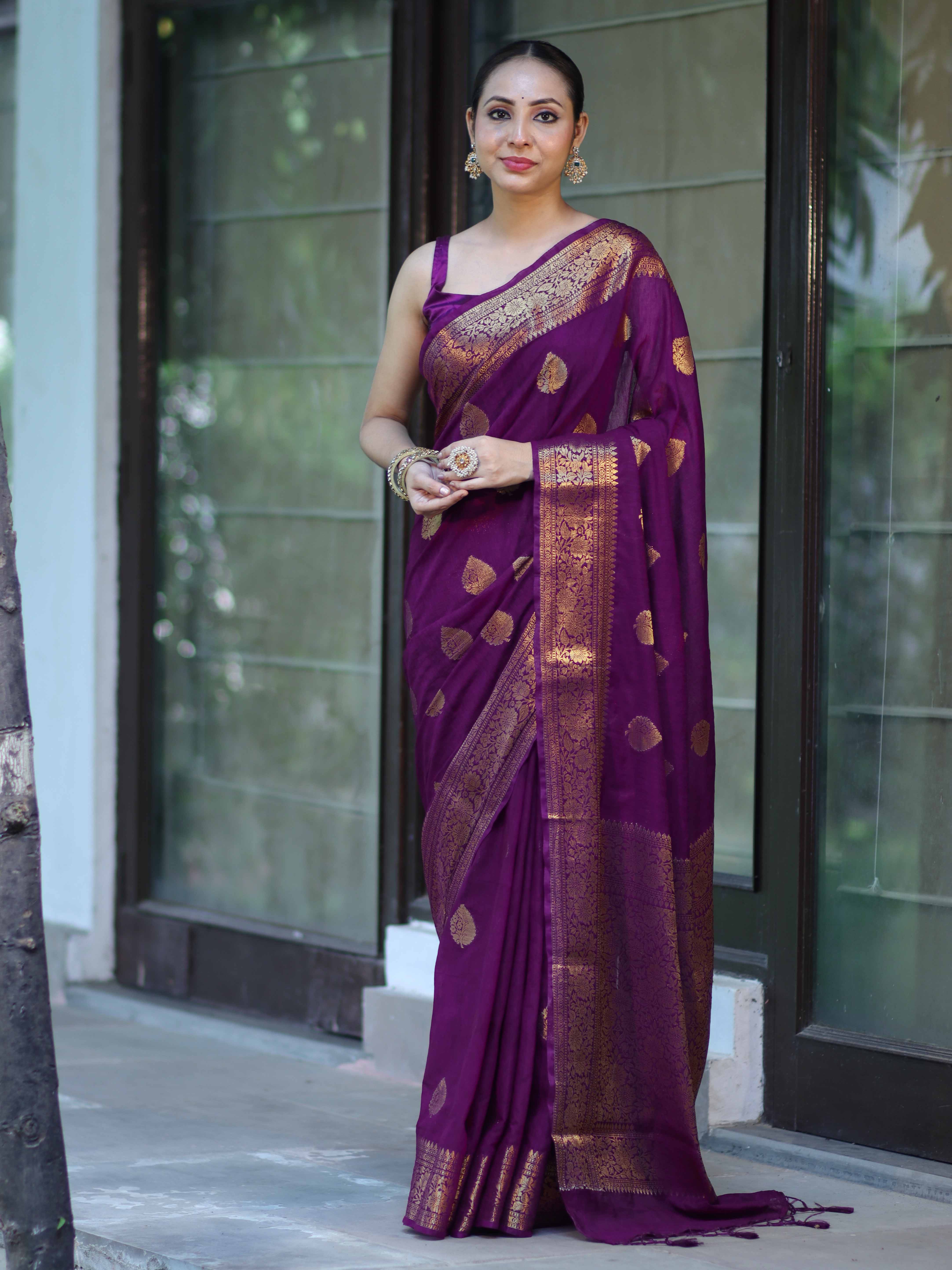 Banarasee Handloom Cotton Silk Saree With Antique Zari Buta Work & Border-Purple