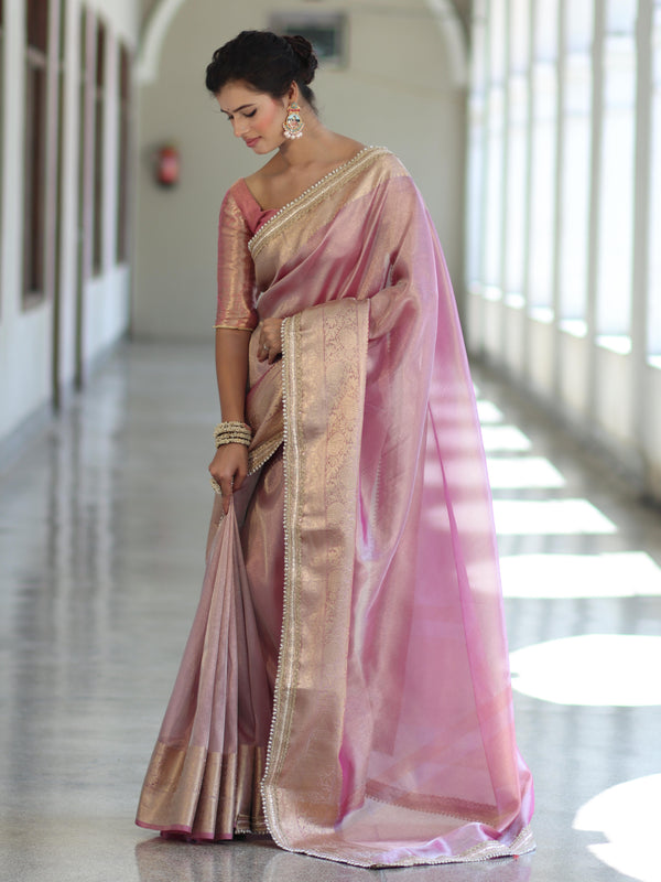 Banarasee Handwoven Plain Tissue Saree With Zari Border & Lace-Light Pink
