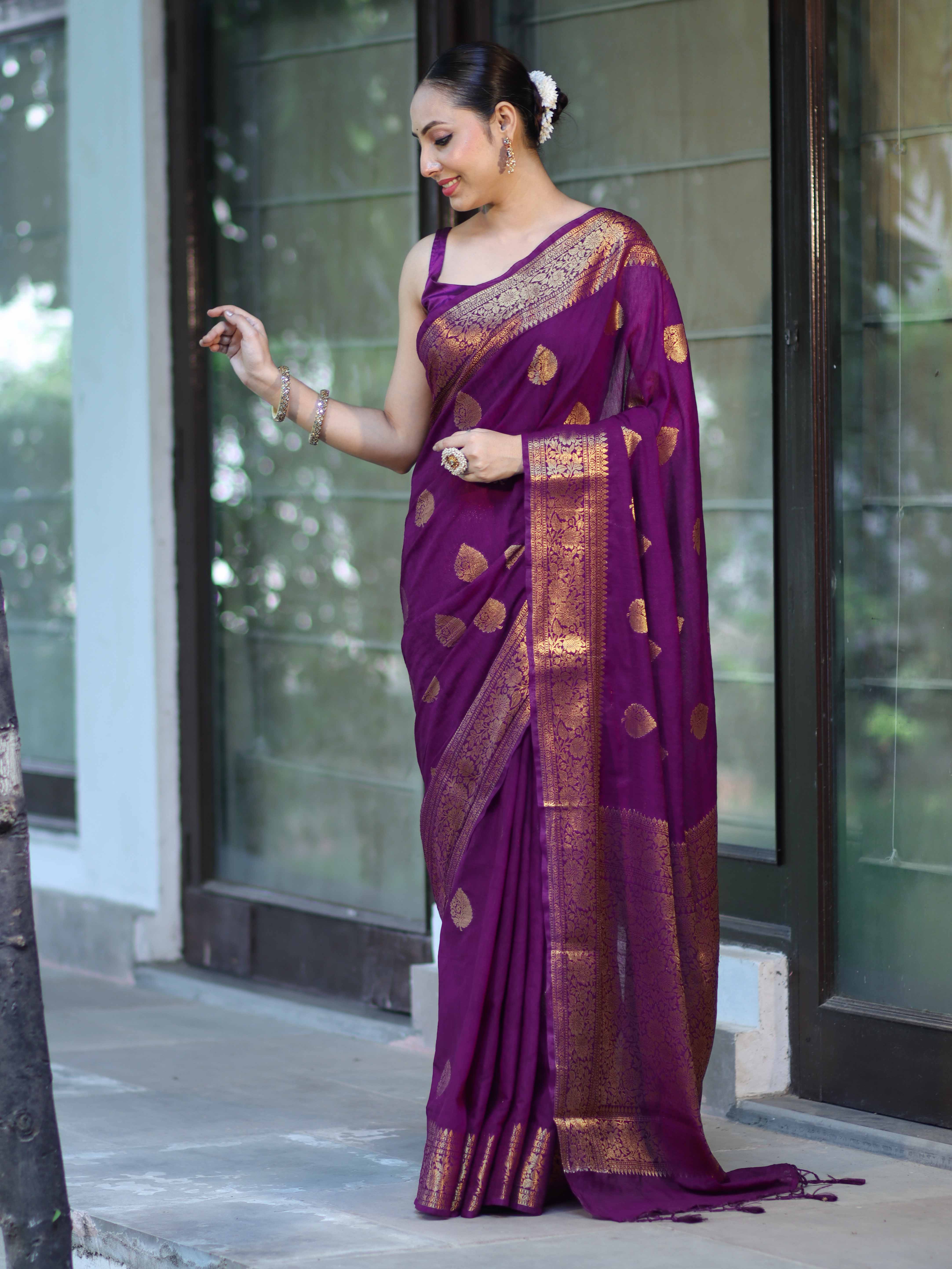 Banarasee Handloom Cotton Silk Saree With Antique Zari Buta Work & Border-Purple