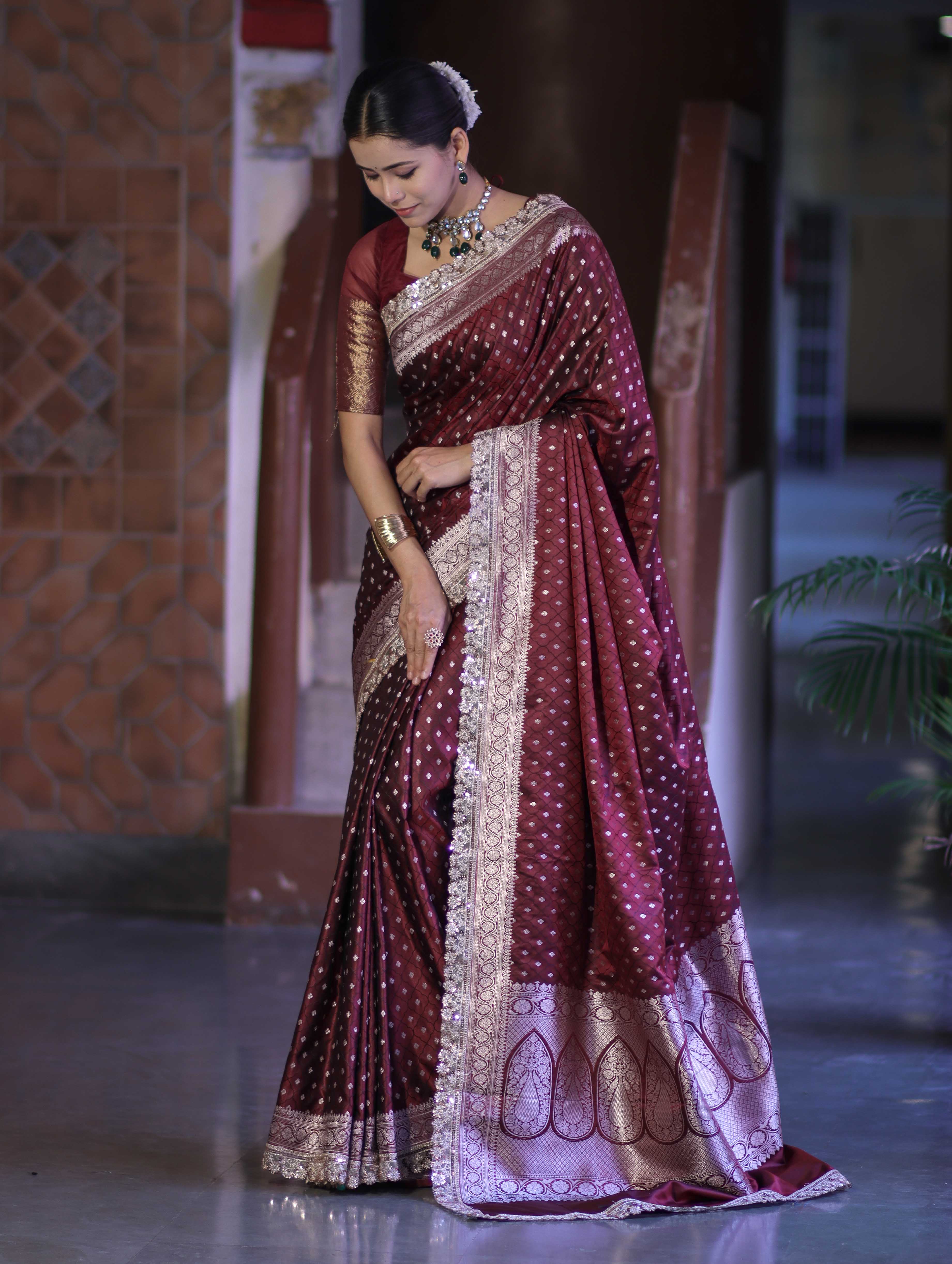 Banarasee Handloom Mashru Silk Saree With Zari Buti Design & Lace Border-Burgundy