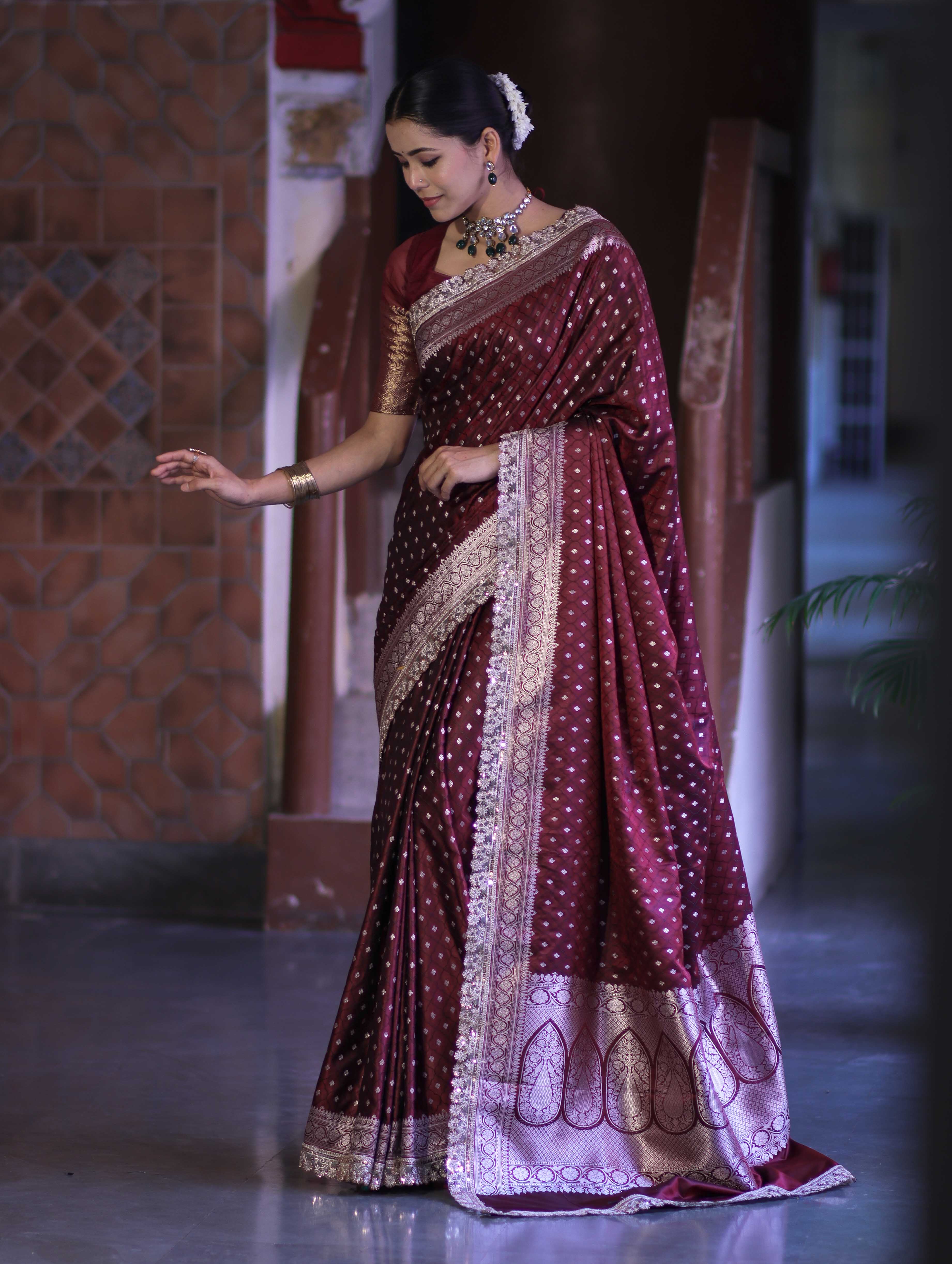 Banarasee Handloom Mashru Silk Saree With Zari Buti Design & Lace Border-Burgundy