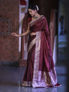 Banarasee Handloom Mashru Silk Saree With Zari Buti Design & Lace Border-Burgundy