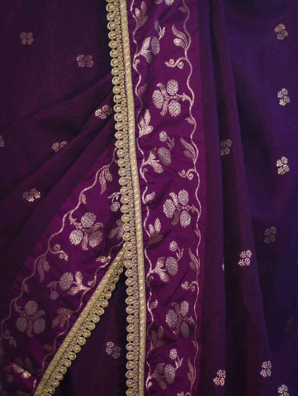 Banarasee Handloom Semi Silk Saree With Buti Design Zari Border & Lace-Violet