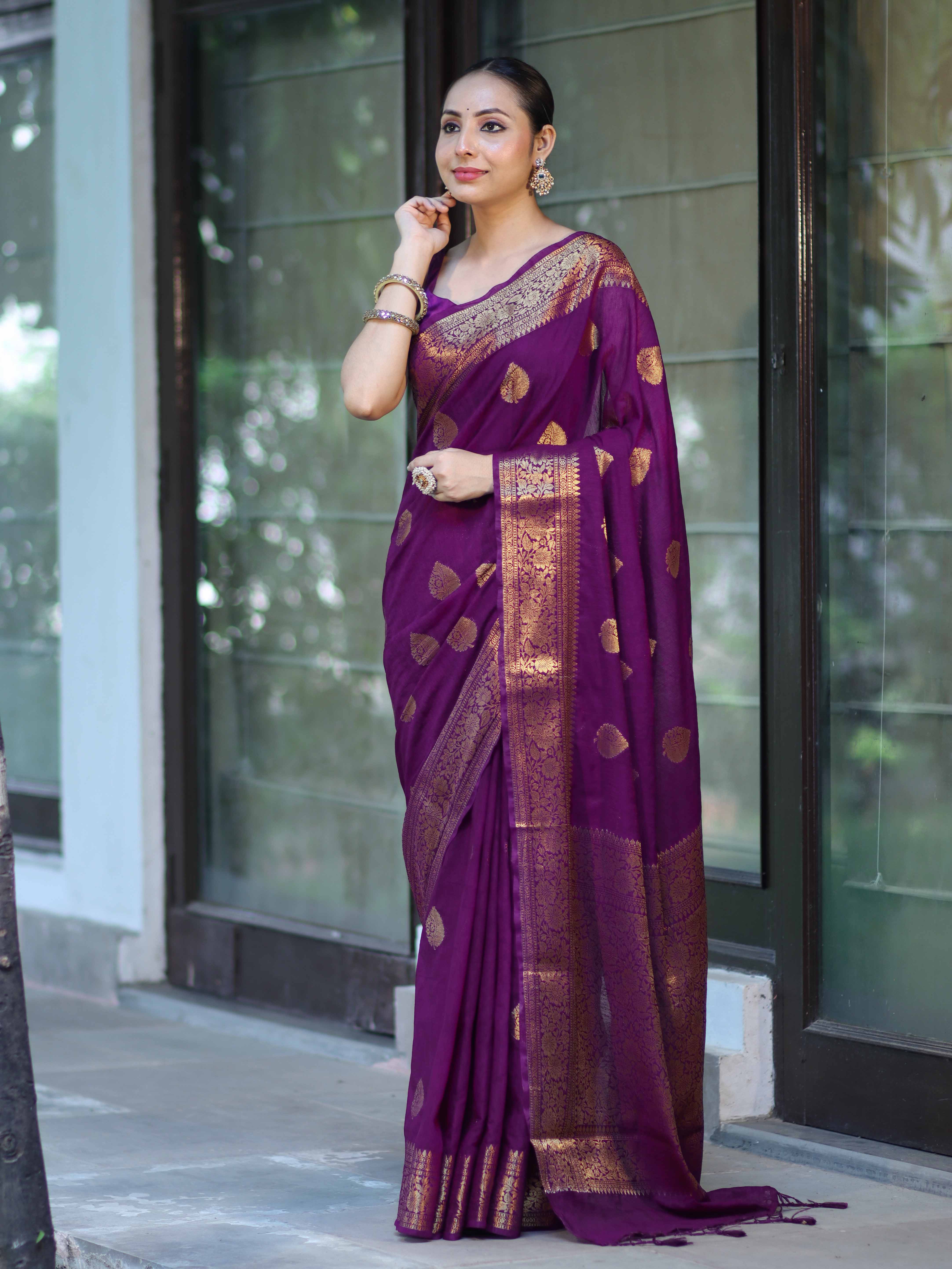 Banarasee Handloom Cotton Silk Saree With Antique Zari Buta Work & Border-Purple