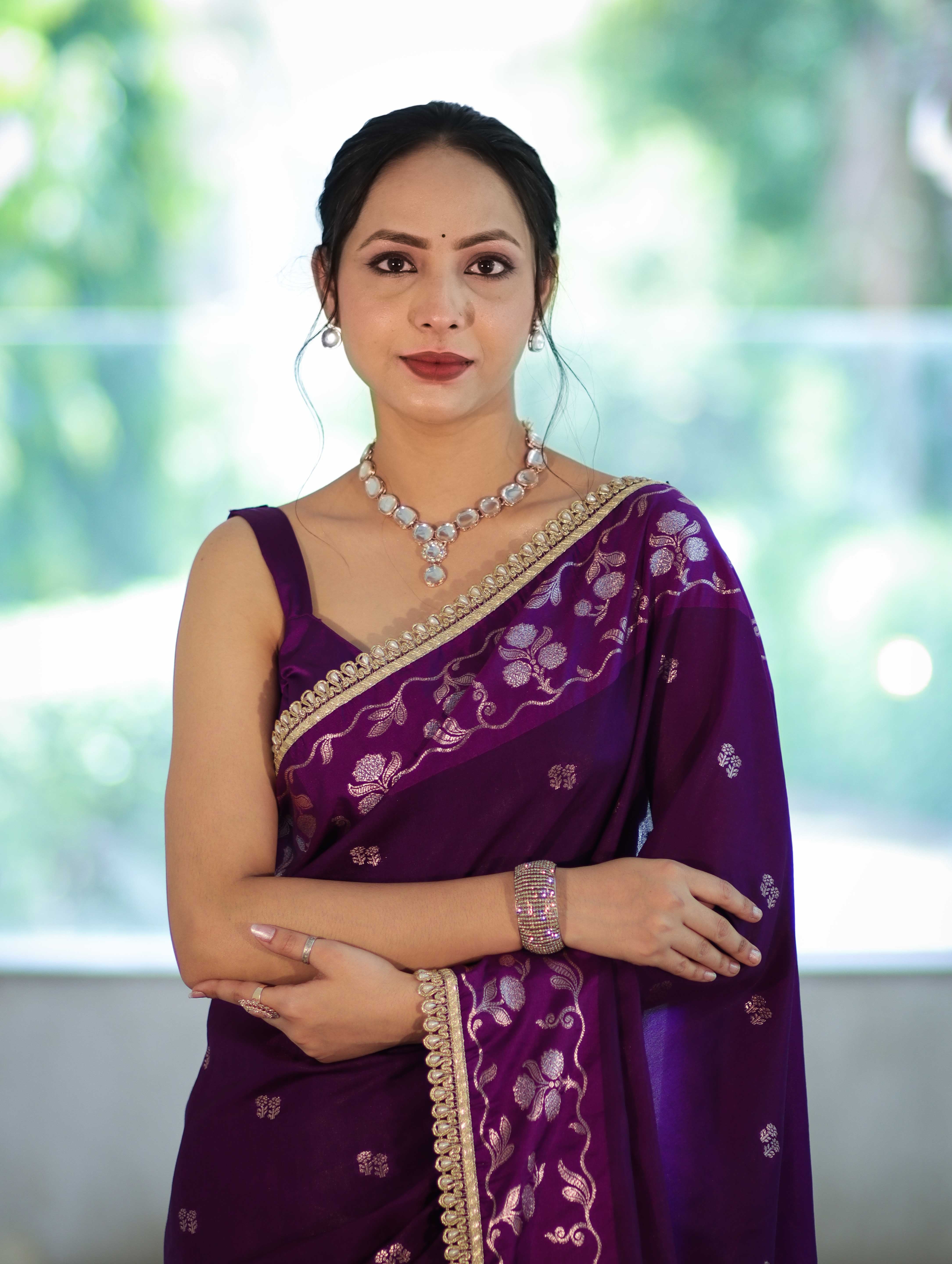 Banarasee Handloom Semi Silk Saree With Buti Design Zari Border & Lace-Violet