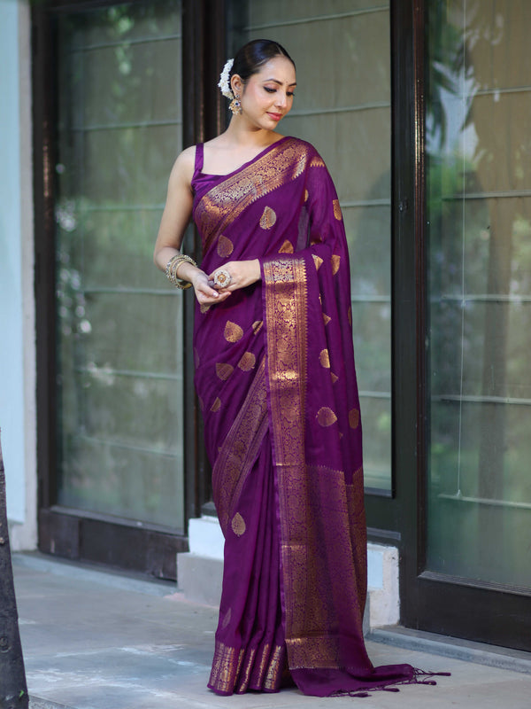 Banarasee Handloom Cotton Silk Saree With Antique Zari Buta Work & Border-Purple