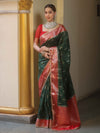 Banarasee Handwoven Semi Muga Zari Saree With Contrast Border & Lace-Green & Red