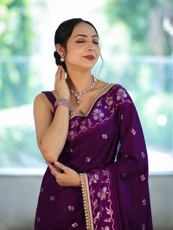 Banarasee Handloom Semi Silk Saree With Buti Design Zari Border & Lace-Violet