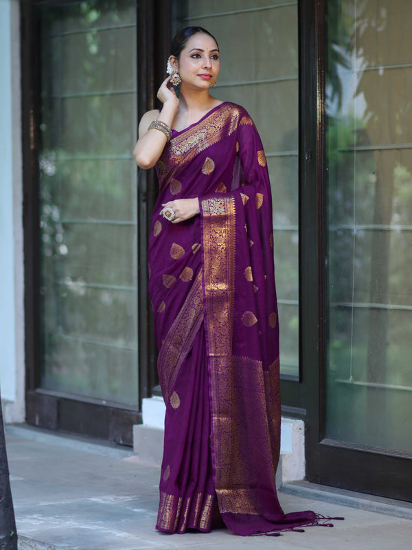 Banarasee Handloom Cotton Silk Saree With Antique Zari Buta Work & Border-Purple