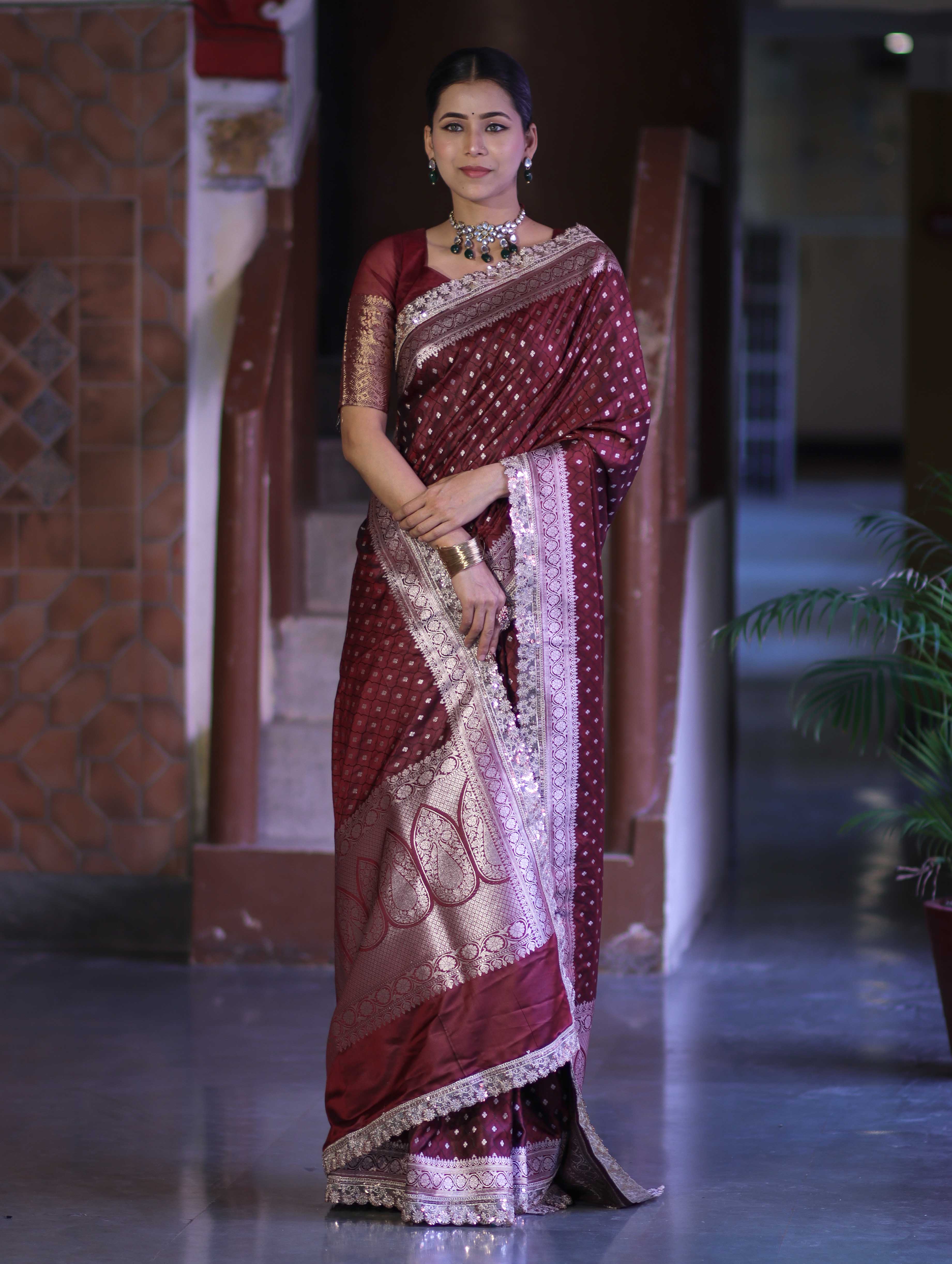 Banarasee Handloom Mashru Silk Saree With Zari Buti Design & Lace Border-Burgundy