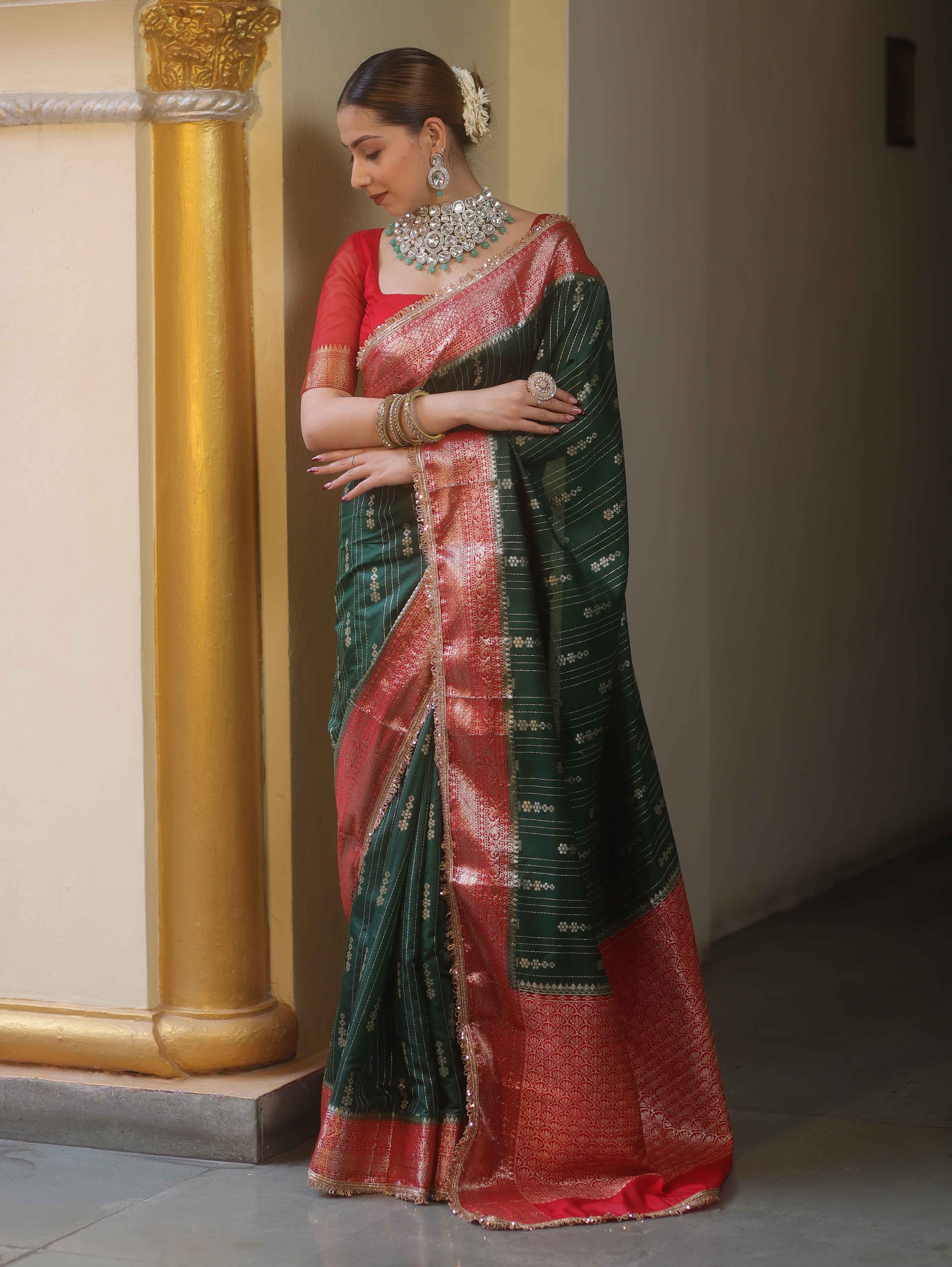 Banarasee Handwoven Semi Muga Zari Saree With Contrast Border & Lace-Green & Red